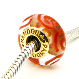 PANDORA 14K Gold Orange Spirals Charm Murano Glass Bead