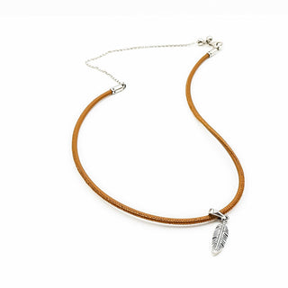 PANDORA 11-Inch Adjustable Tan Leather Choker With Sterling Silver Feather Pendant 397197CGT-38 - Retired